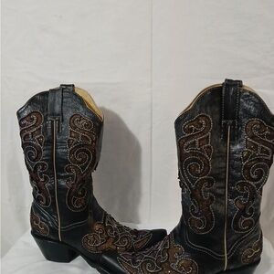 Chic Black Iridescent Purple and Brown Embroidered Heeled Boots